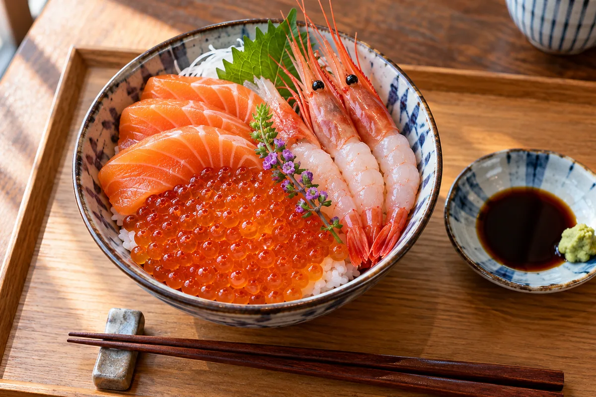 いくらとサーモンと甘えびをのせた北海道の海鮮丼のイメージ